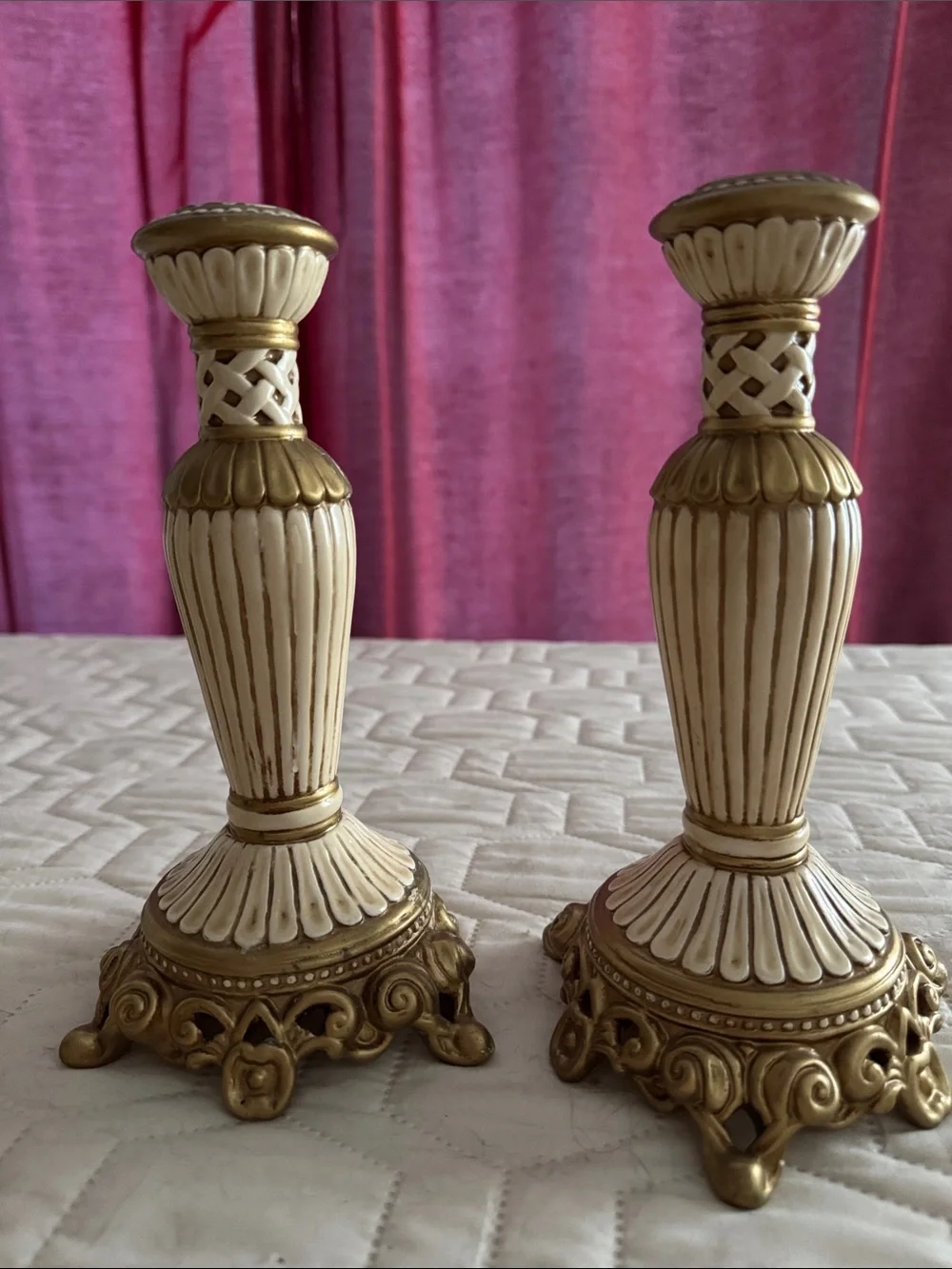 Fitz and Floyd Elegant Ivory and Gold Decorative Candlestick Pair